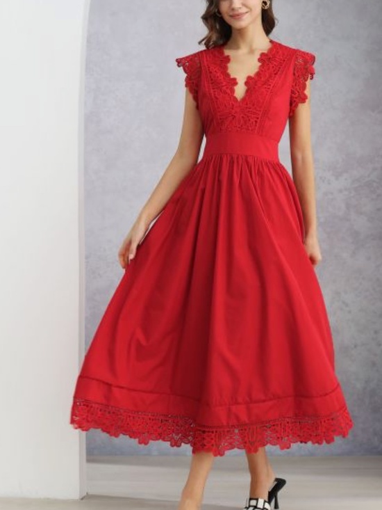 Chicwish Dresses & Skirts - NWT - v-neck lace panelled, lined, cotton red maxi dress